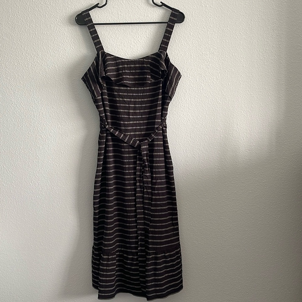 Banana Republic Black White Striped Ruffled Trim Midi Dress Size 8 Casual
